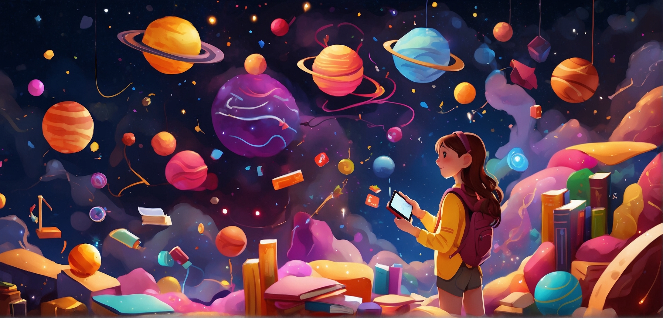 In a vibrant space filled with books, planets, and stars, a student interacts with a tablet-like device. 